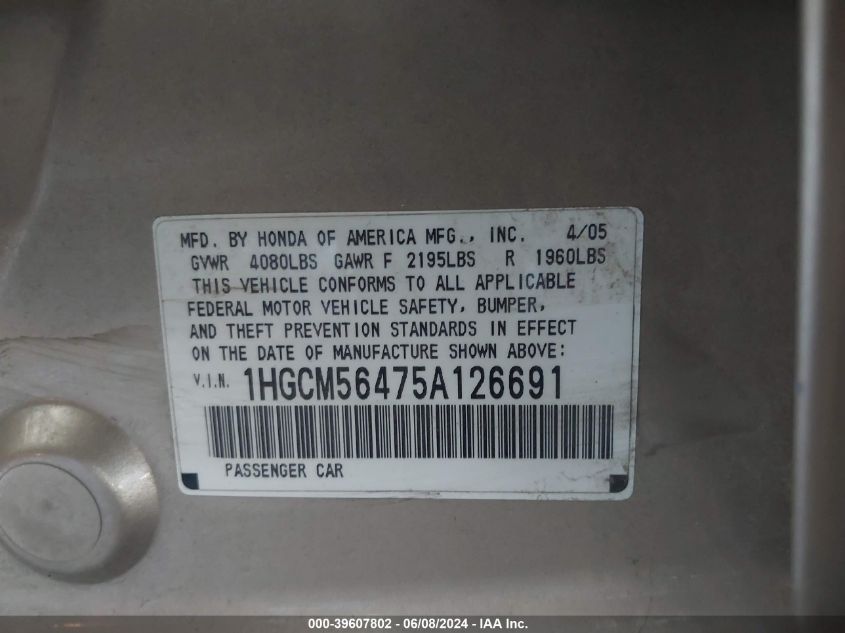 2005 Honda Accord 2.4 Lx VIN: 1HGCM56475A126691 Lot: 39607802