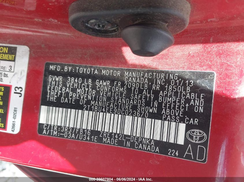 2013 Toyota Corolla Le VIN: 2T1BU4EE9DC023670 Lot: 39607804