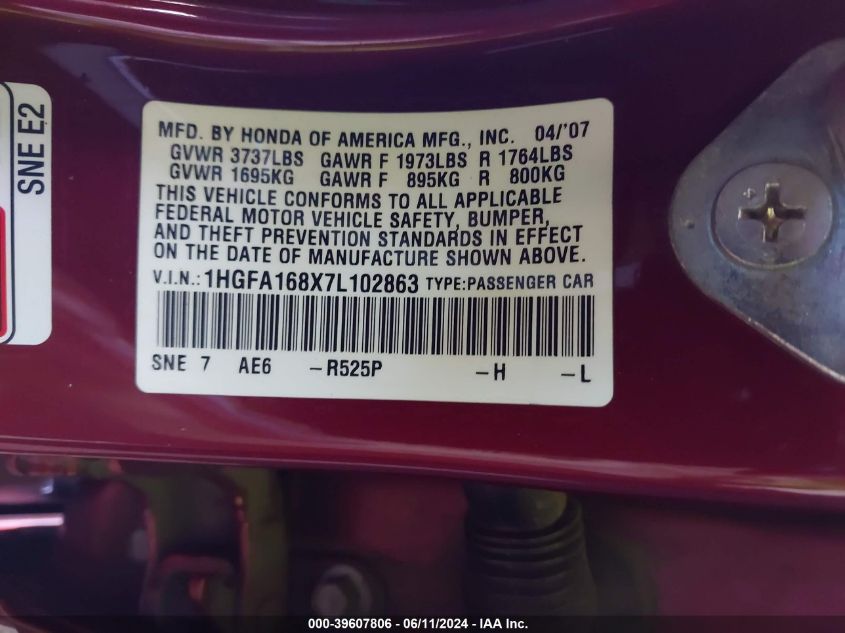 2007 Honda Civic Ex VIN: 1HGFA168X7L102863 Lot: 39607806