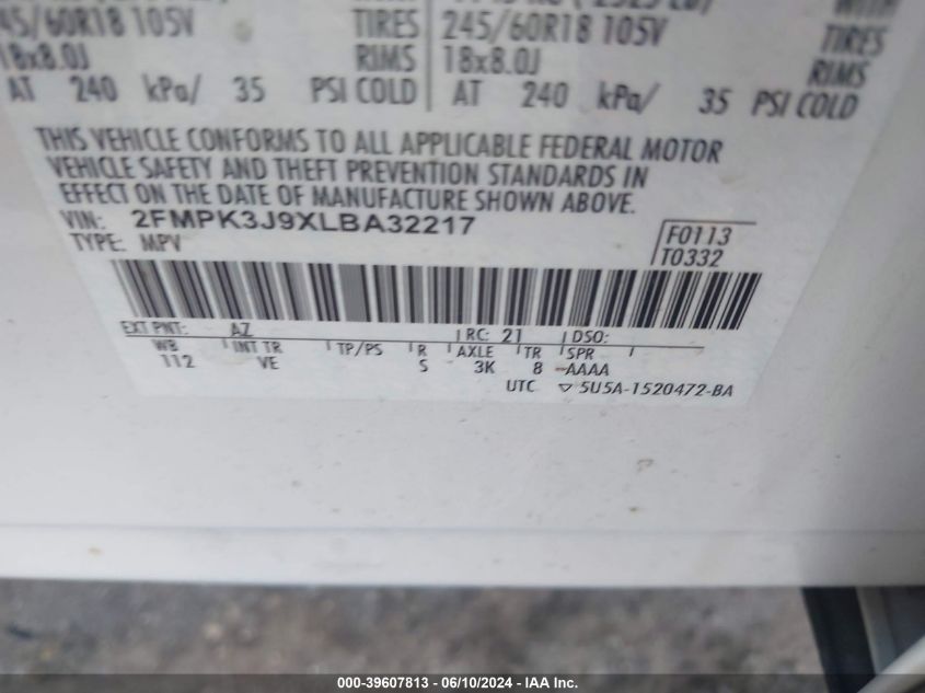 2020 Ford Edge Sel VIN: 2FMPK3J9XLBA32217 Lot: 39607813