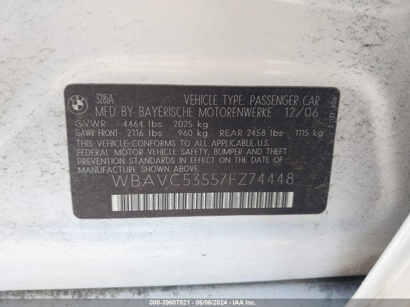 2007 BMW 328I VIN: WBAVC53557FZ74448 Lot: 39607821