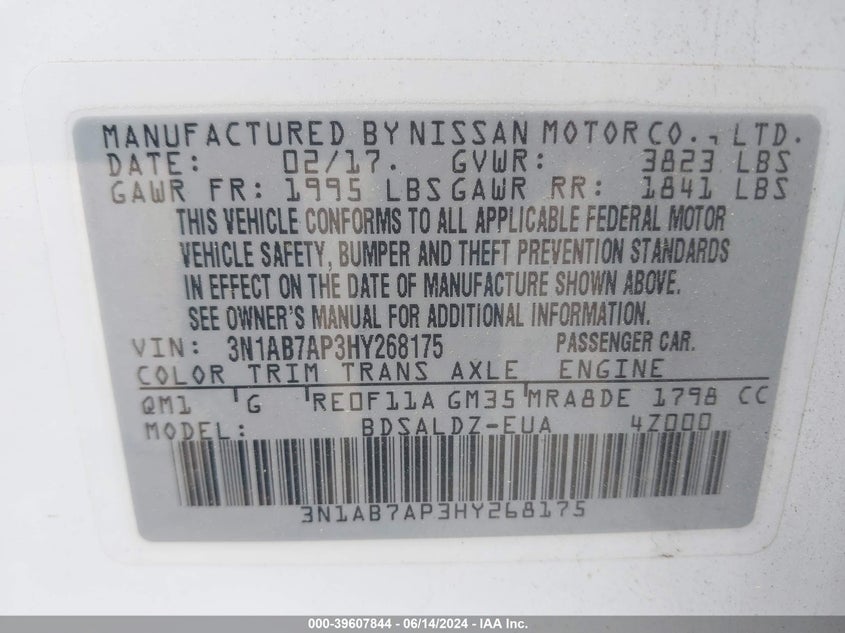 2017 Nissan Sentra Sv VIN: 3N1AB7AP3HY268175 Lot: 39607844