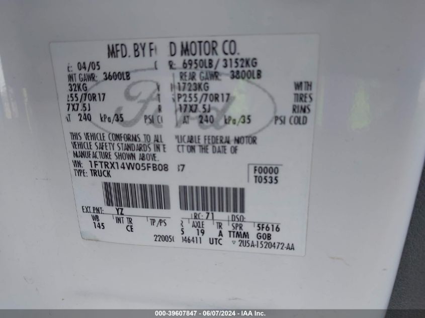 2005 Ford F150 VIN: 1FTRX14W05FB08887 Lot: 39607847