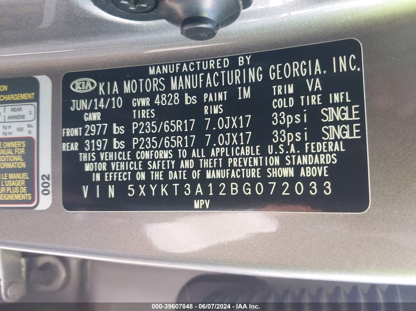 2011 Kia Sorento Lx VIN: 5XYKT3A12BG072033 Lot: 39607848