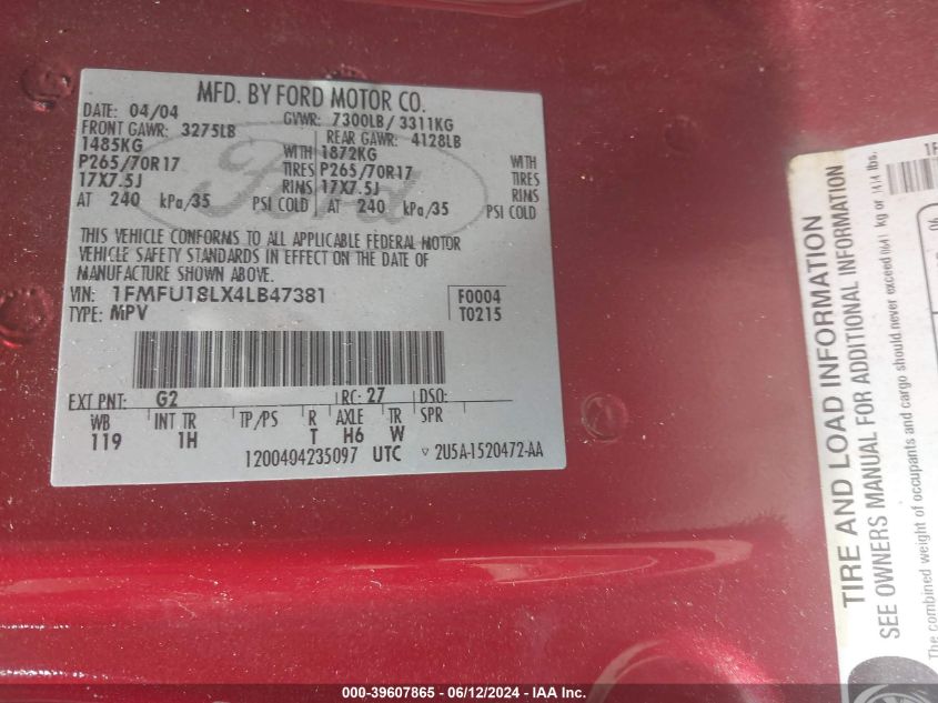 2004 Ford Expedition Eddie Bauer VIN: 1FMFU18LX4LB47381 Lot: 39607865