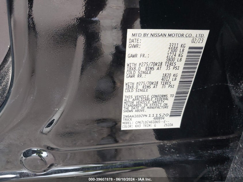 2023 Nissan Titan Pro-4X 4X4 VIN: 1N6AA1ED2PN111520 Lot: 39607878