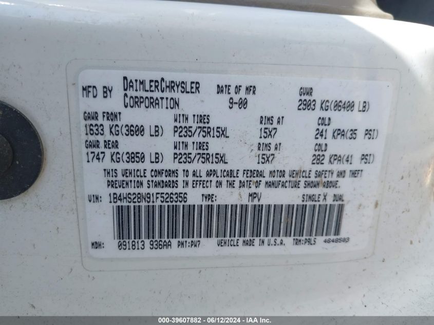 2001 Dodge Durango VIN: 1B4HS28N91F526356 Lot: 39607882