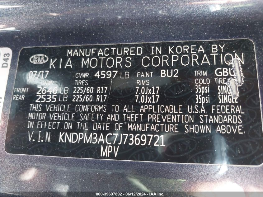 2018 Kia Sportage Lx VIN: KNDPM3AC7J7369721 Lot: 39607892