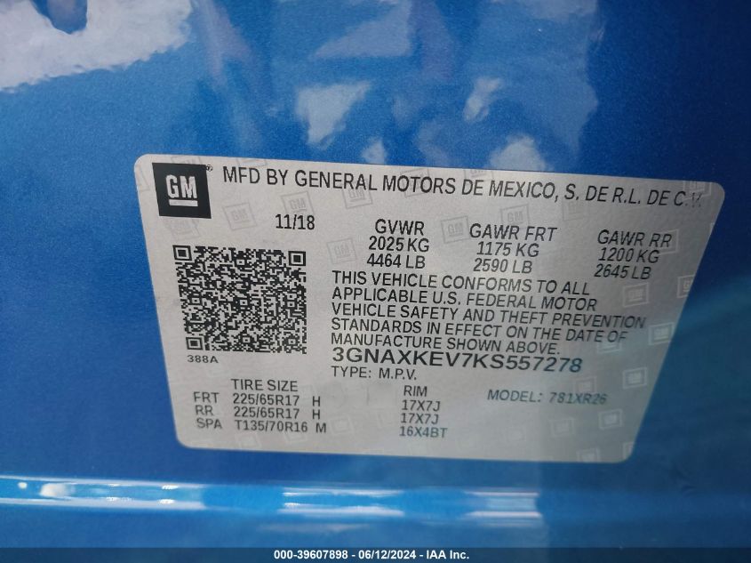 2019 Chevrolet Equinox Lt VIN: 3GNAXKEV7KS557278 Lot: 39607898