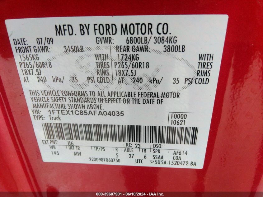 2010 Ford F150 Super Cab VIN: 1FTEX1C85AFA04035 Lot: 39607901