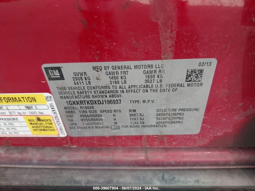 2013 GMC Acadia Denali VIN: 1GKKRTKDXDJ196937 Lot: 39607904
