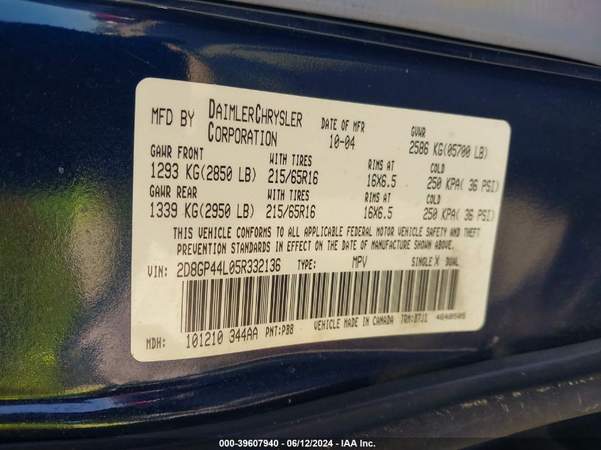 2005 Dodge Grand Caravan Sxt VIN: 2D8GP44L05R332136 Lot: 39607940