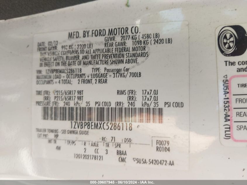 2012 Ford Mustang V6 Premium VIN: 1ZVBP8EMXC5286118 Lot: 39607945