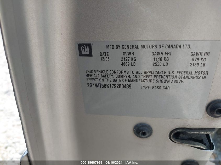 2007 Chevrolet Impala Lt VIN: 2G1WT58K179280489 Lot: 39607953