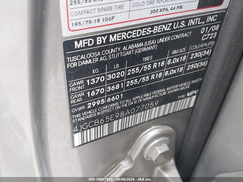 2008 Mercedes-Benz R 350 4Matic VIN: 4JGCB65E98A077059 Lot: 39607965