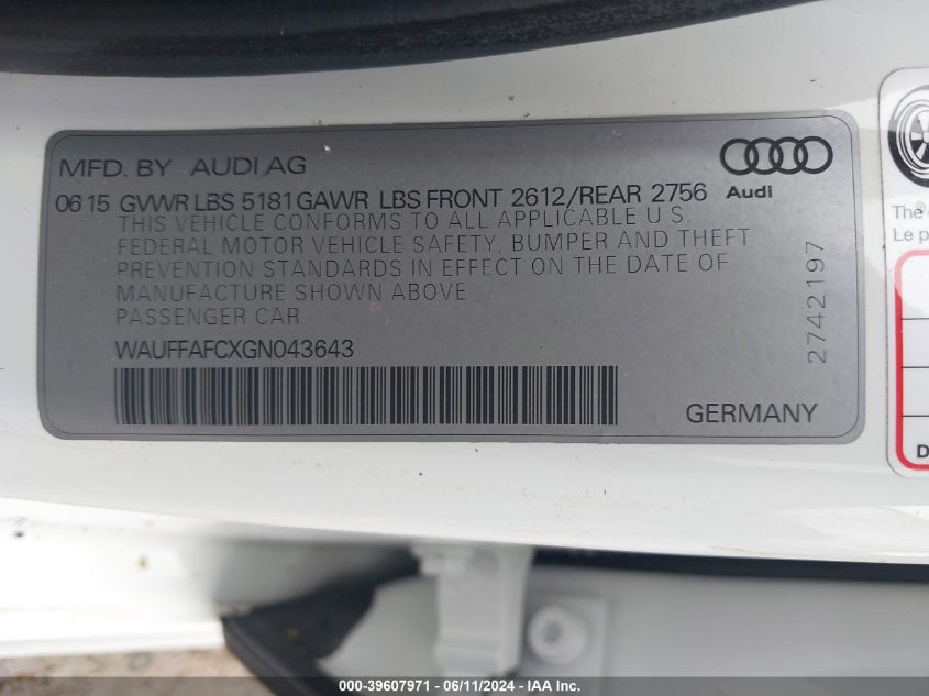 2016 AUDI A6 PREMIUM - WAUFFAFCXGN043643