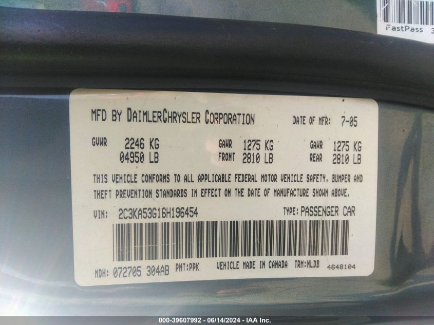 2006 Chrysler 300 Touring VIN: 2C3KA53G16H196454 Lot: 39607992