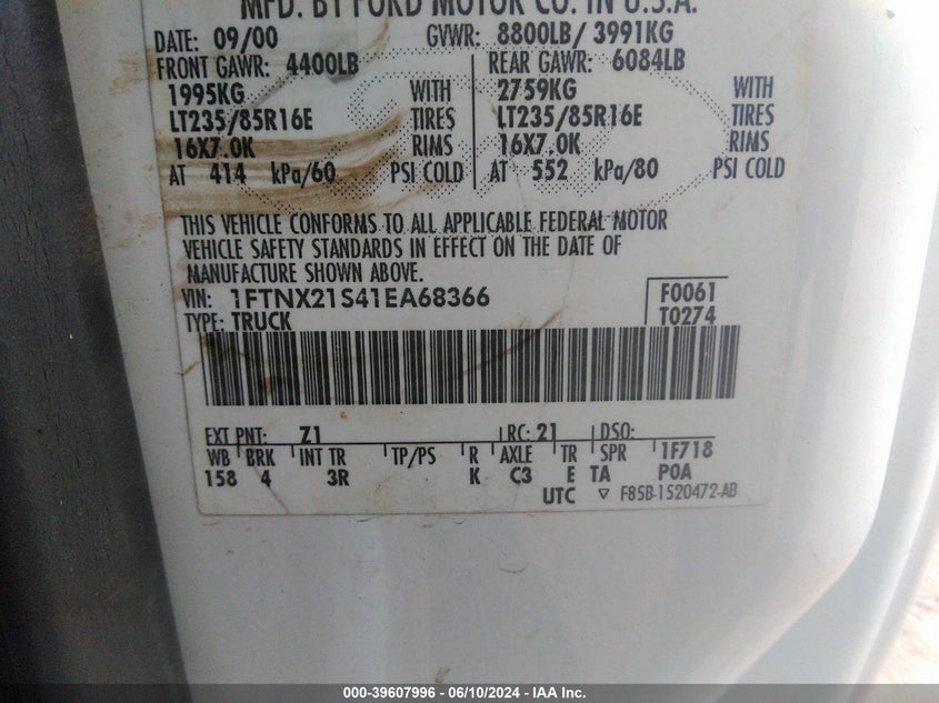 2001 Ford F-250 Lariat/Xl/Xlt VIN: 1FTNX21S41EA68366 Lot: 39607996