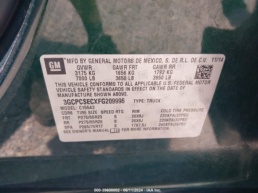 2015 Chevrolet Silverado 1500 1Lz VIN: 3GCPCSECXFG209996 Lot: 39608002