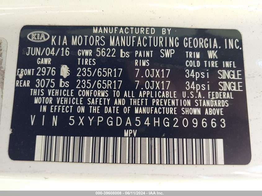 2017 Kia Sorento 3.3L Lx VIN: 5XYPGDA54HG209663 Lot: 39608008