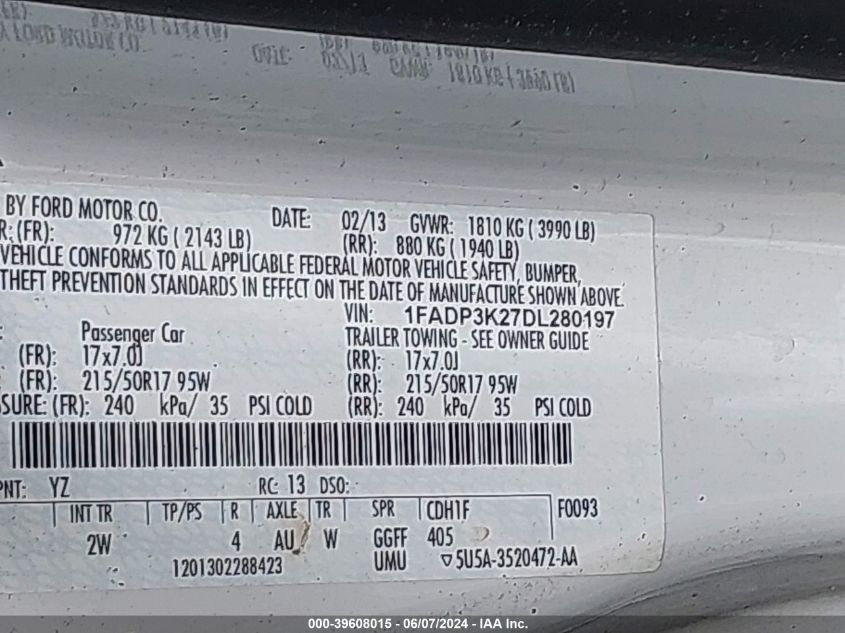 2013 Ford Focus Se VIN: 1FADP3K27DL280197 Lot: 39608015