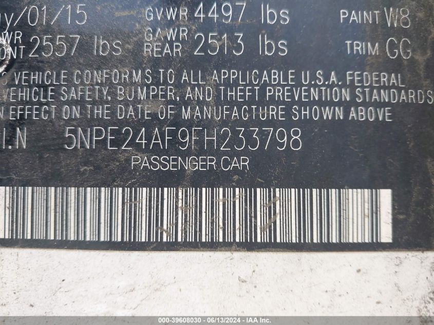 2015 Hyundai Sonata Se VIN: 5NPE24AF9FH233798 Lot: 39608030