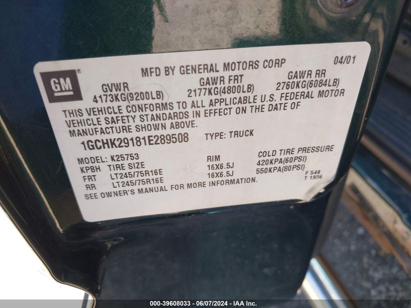 2001 Chevrolet Silverado 2500Hd Ls VIN: 1GCHK29181E289508 Lot: 39608033