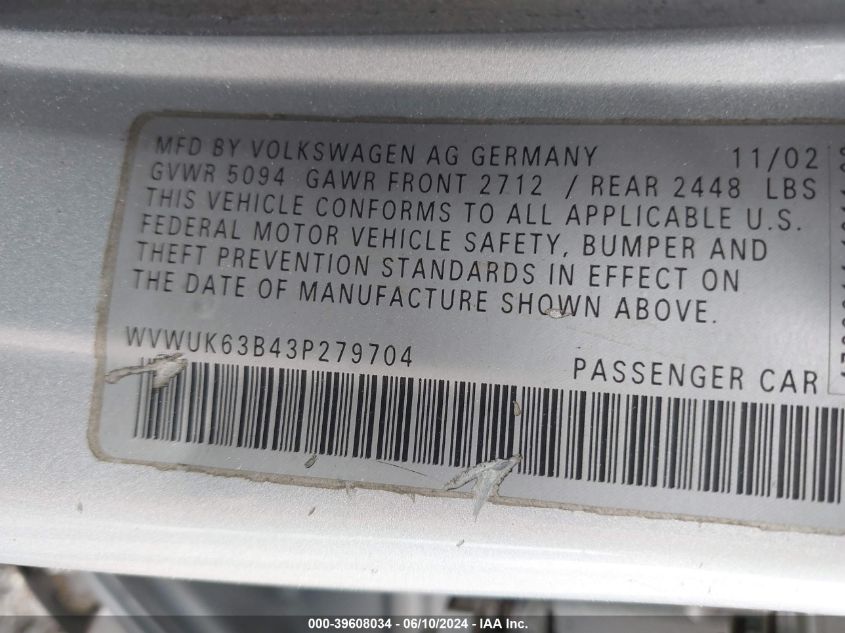 2003 Volkswagen Passat W8 VIN: WVWUK63B43P279704 Lot: 39608034