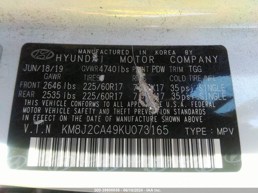 2019 Hyundai Tucson Se VIN: KM8J2CA49KU073165 Lot: 39608035