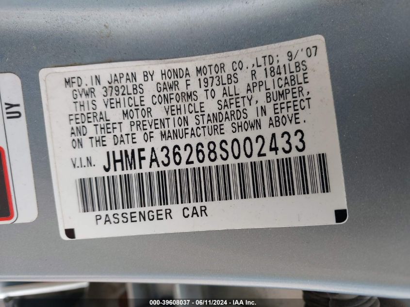 2008 Honda Civic Hybrid VIN: JHMFA36268S002433 Lot: 39608037