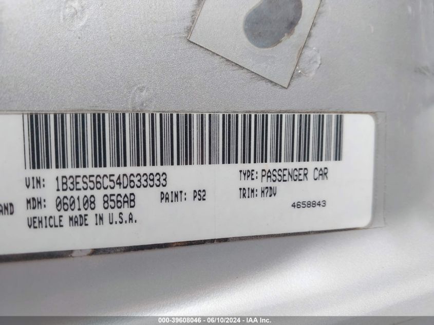 2004 Dodge Neon Sxt VIN: 1B3ES56C54D633933 Lot: 39608046