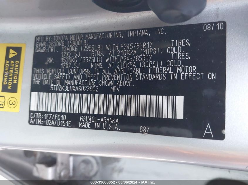 2010 Toyota Highlander Base V6 VIN: 5TDZK3EHXAS023902 Lot: 39608052