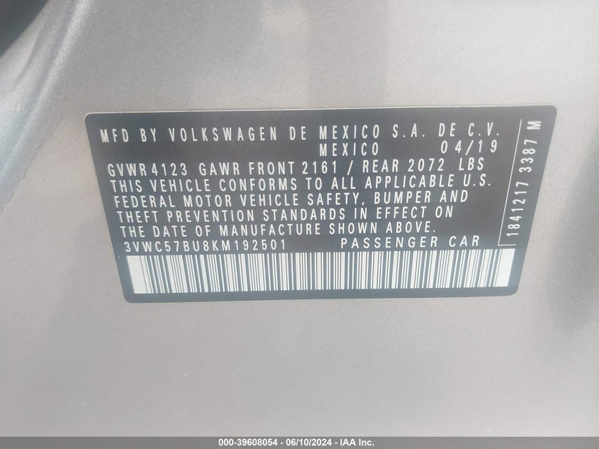 2019 Volkswagen Jetta VIN: 3VWC57BU8KM192501 Lot: 39608054