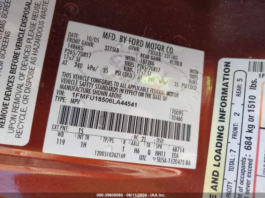 2006 Ford Expedition Eddie Bauer/King Ranch VIN: 1FMFU18506LA44541 Lot: 39608068