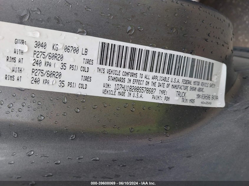 2008 Dodge Ram 1500 Slt VIN: 1D7HU18208S578687 Lot: 39608069