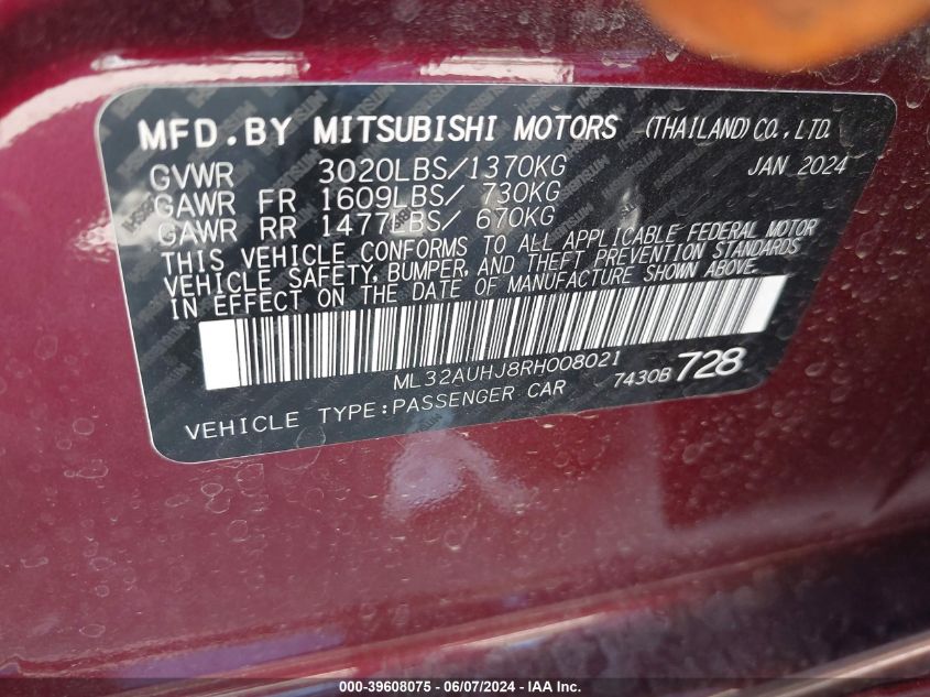 2024 Mitsubishi Mirage Es/Le VIN: ML32AUHJ8RH008021 Lot: 39608075