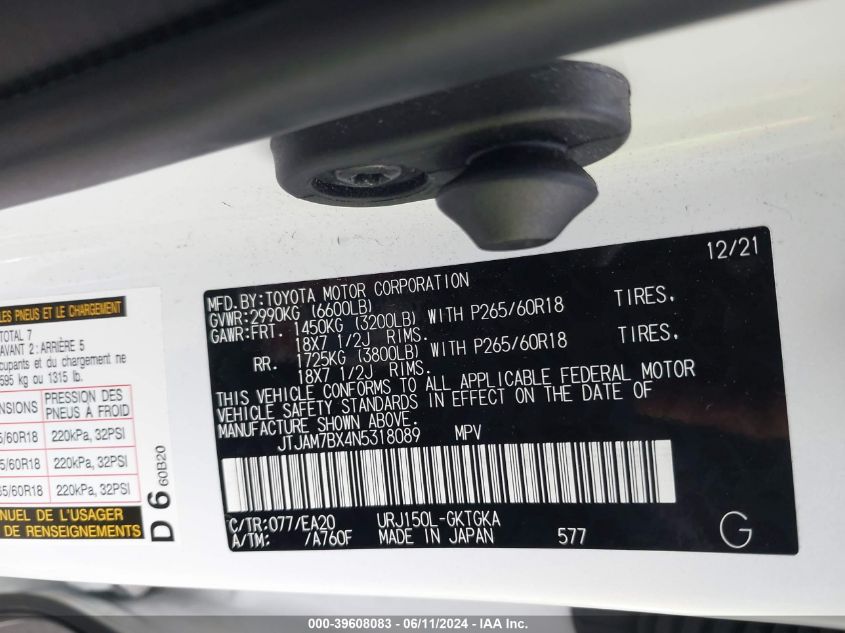 2022 Lexus 460 Premium VIN: JTJAM7BX4N5318089 Lot: 39608083