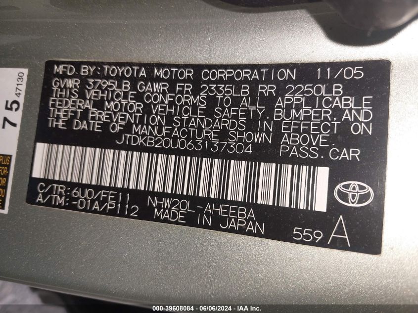 2006 Toyota Prius VIN: JTDKB20U063137304 Lot: 39608084