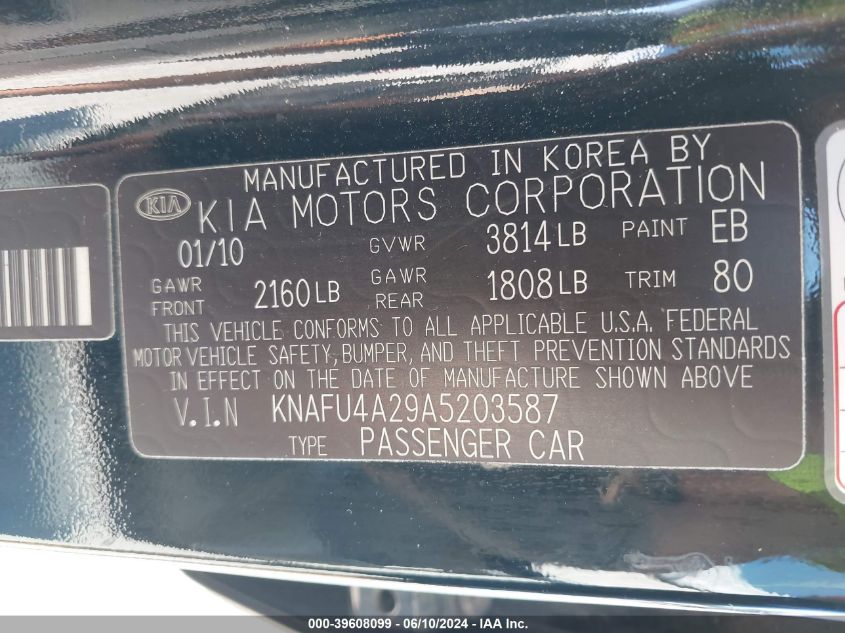 2010 Kia Forte Ex VIN: KNAFU4A29A5203587 Lot: 39608099