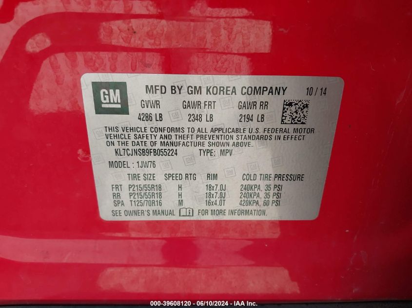 2015 Chevrolet Trax Ltz VIN: KL7CJNSB9FB055224 Lot: 39608120