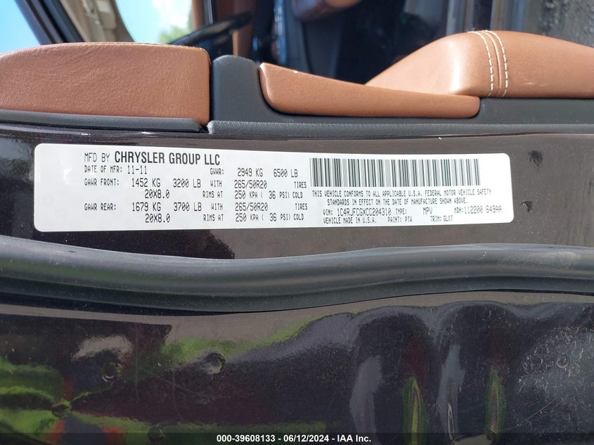 2012 Jeep Grand Cherokee Overland VIN: 1C4RJFCGXCC204310 Lot: 39608133