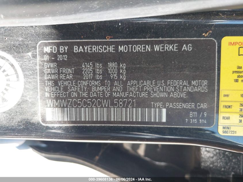 2012 Mini Cooper S Countryman VIN: WMWZC5C52CWL58721 Lot: 39608136