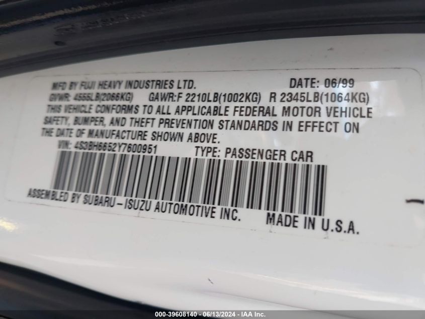 2000 Subaru Outback VIN: 4S3BH6652Y7600951 Lot: 39608140