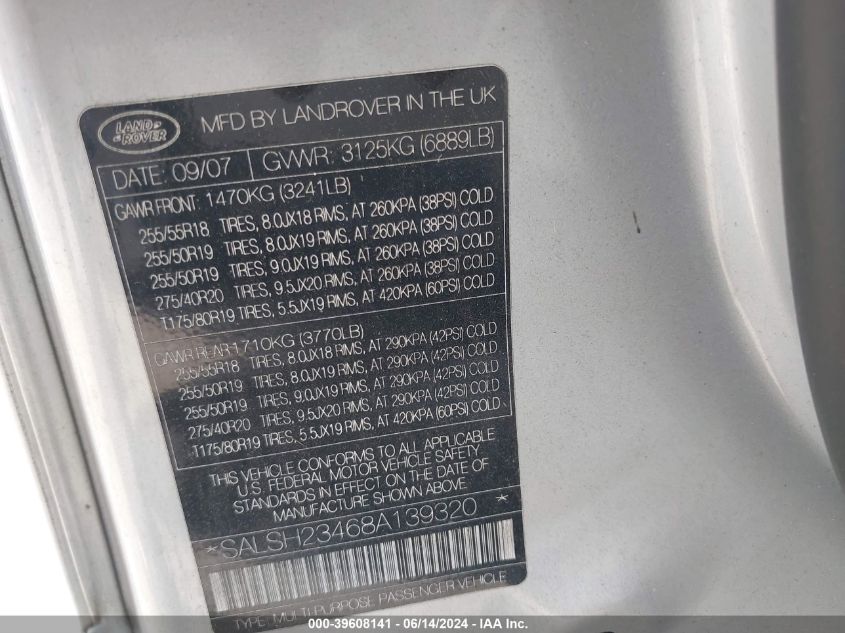 2008 Land Rover Range Rover Sport Supercharged VIN: SALSH23468A139320 Lot: 39608141