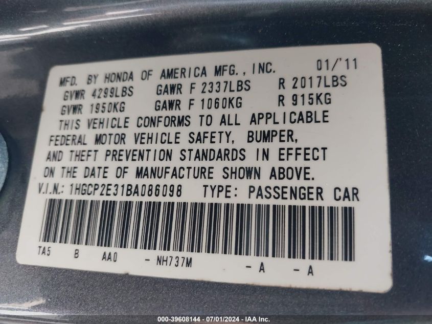 2011 Honda Accord 2.4 Lx VIN: 1HGCP2E31BA086098 Lot: 39608144