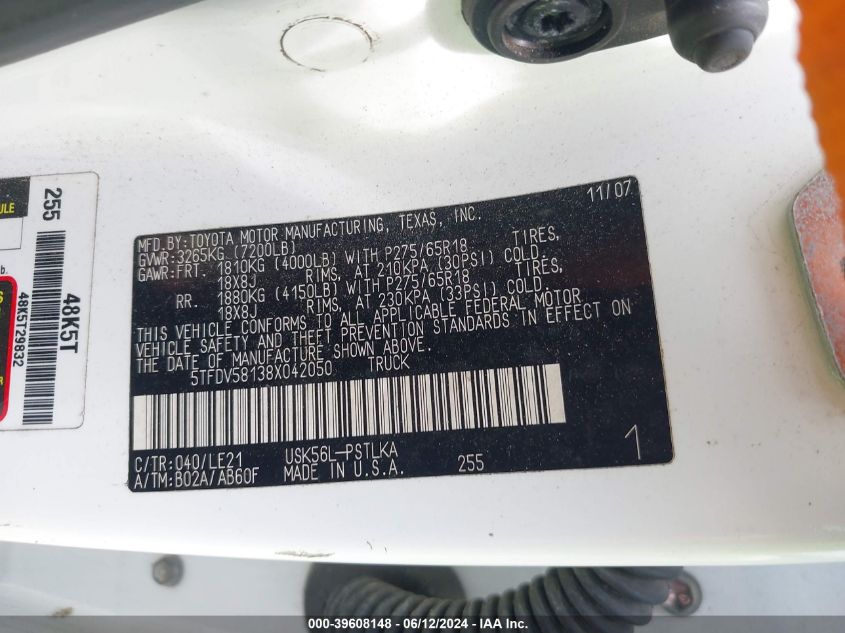 2008 Toyota Tundra Limited 5.7L V8 VIN: 5TFDV58138X042050 Lot: 39608148