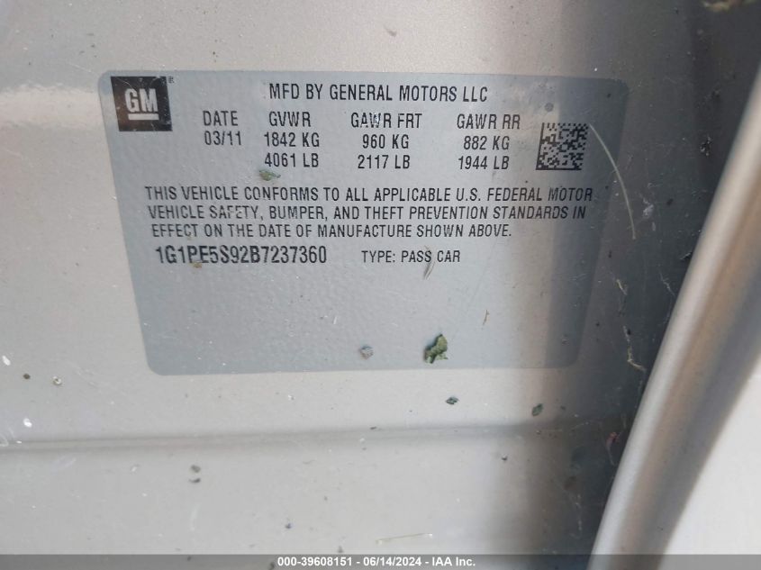 2011 Chevrolet Cruze Lt VIN: 1G1PE5S92B7237360 Lot: 39608151