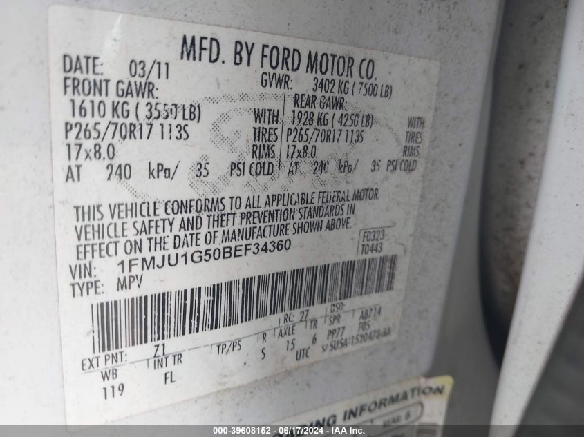 2011 Ford Expedition Xl VIN: 1FMJU1G50BEF34360 Lot: 39608152