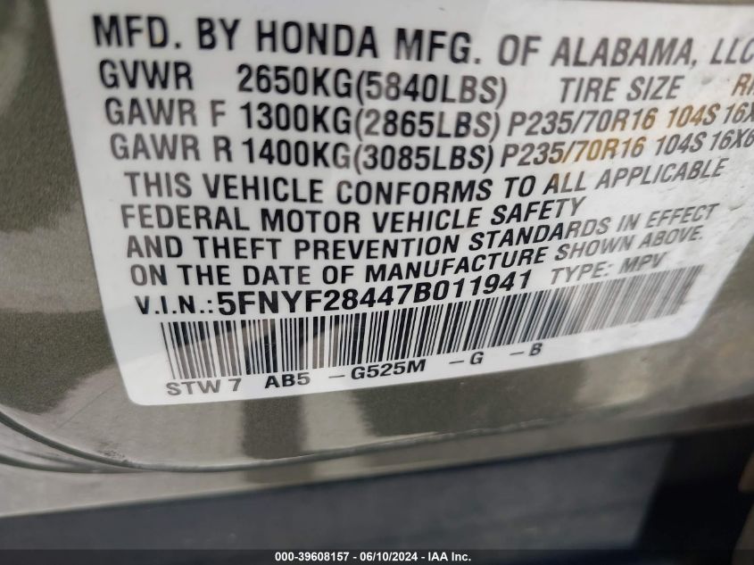 2007 Honda Pilot Ex VIN: 5FNYF28447B011941 Lot: 39608157