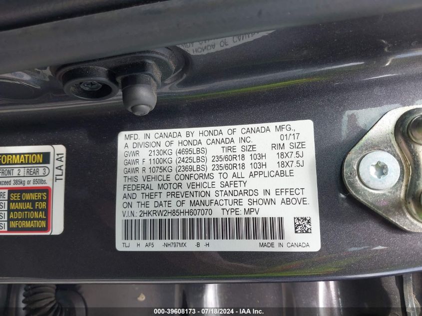 2HKRW2H85HH607070 2017 Honda Cr-V Ex-L/Ex-L Navi